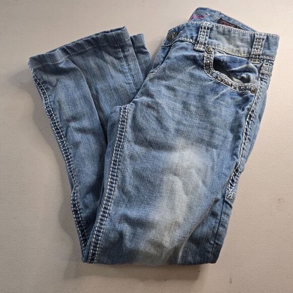 Rock and Roll Cowgirl Jeans Women's 29 x 32 ** Blue Low Rise Boot Cut Distressed - Picture 9 of 16